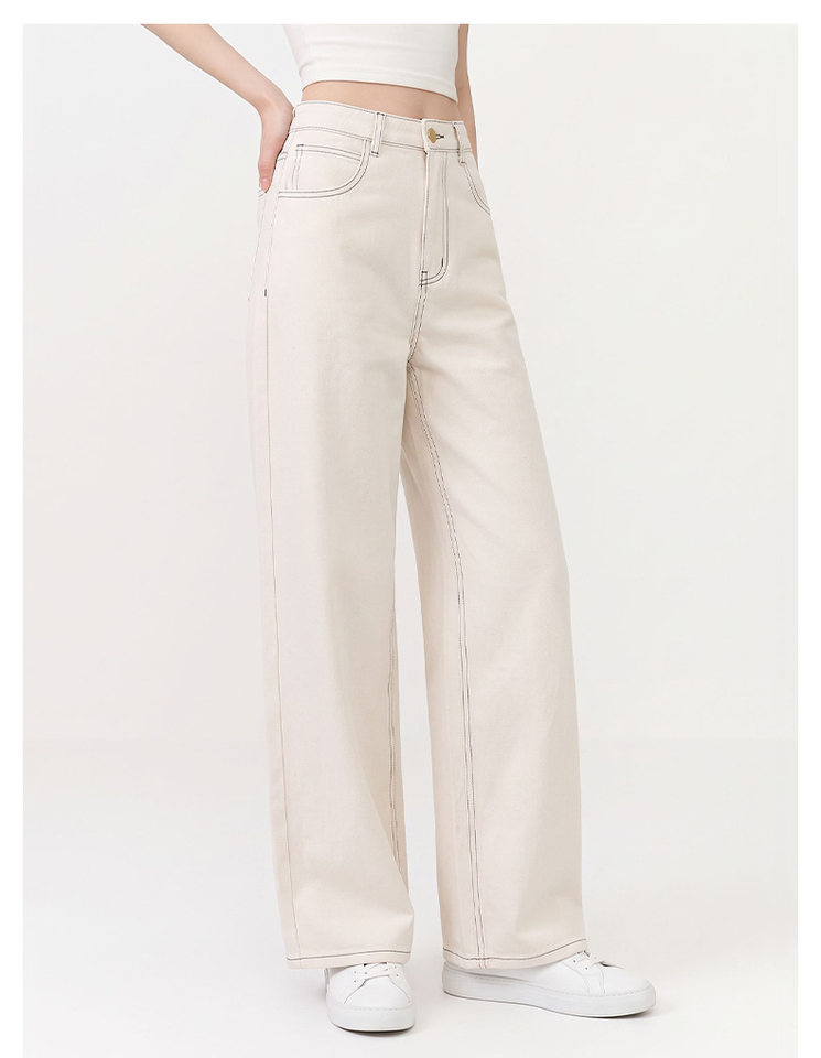 Quần jeans nữ ống rộng lưng cao dáng suông có đường chỉ nổi — Gạo trắng chi tiết 9