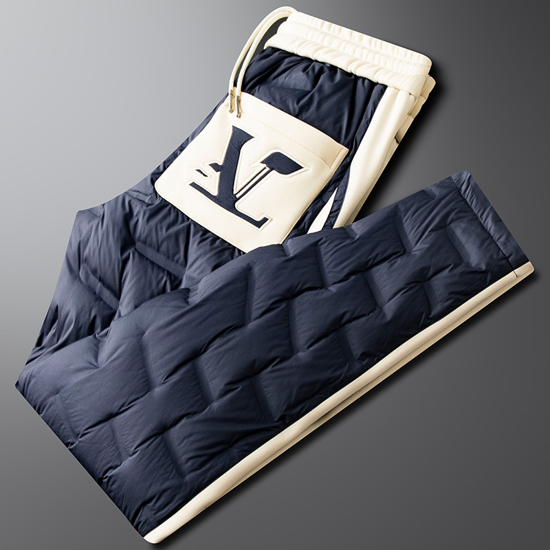 High-end fashion color-blocked embroidered letter thickened white duck down waterproof men's straight-leg casual down pants