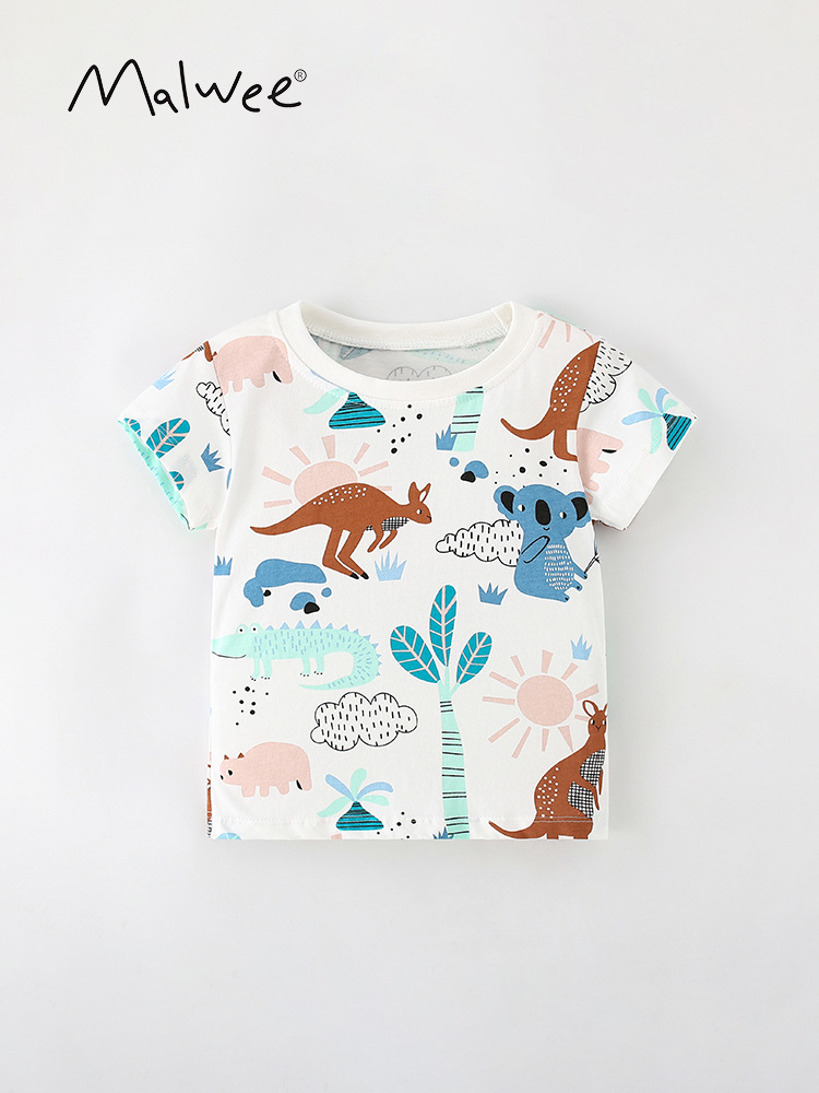 Malwee niños de manga corta ropa de verano nueva camiseta de cuello redondo impresa europea y americana para niños guapo camiseta infantil