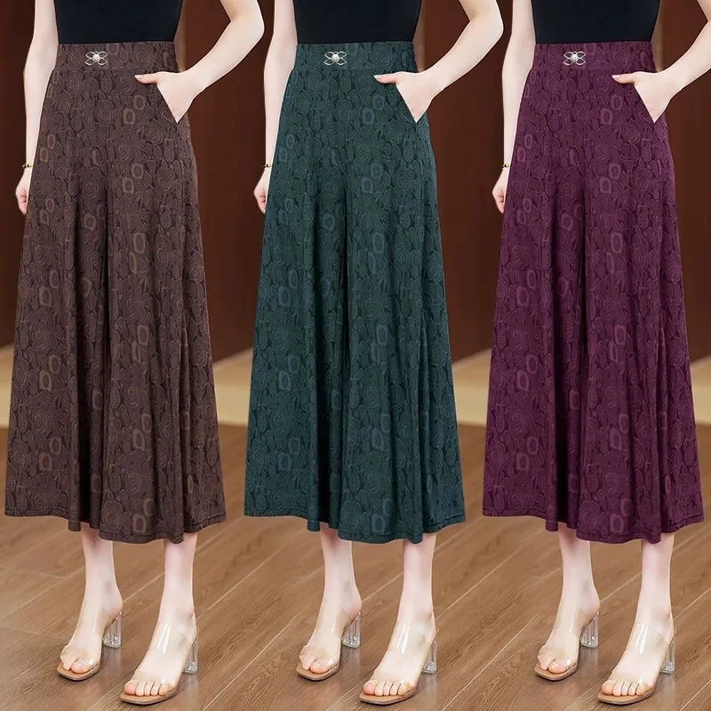 Винтажные брюки-палаццо с принтом, укороченные, женские летние тонкие свободные брюки-юбка с высокой талией, стройнящие, повседневные, для женщин среднего и старшего возраста, в китайском стиле.