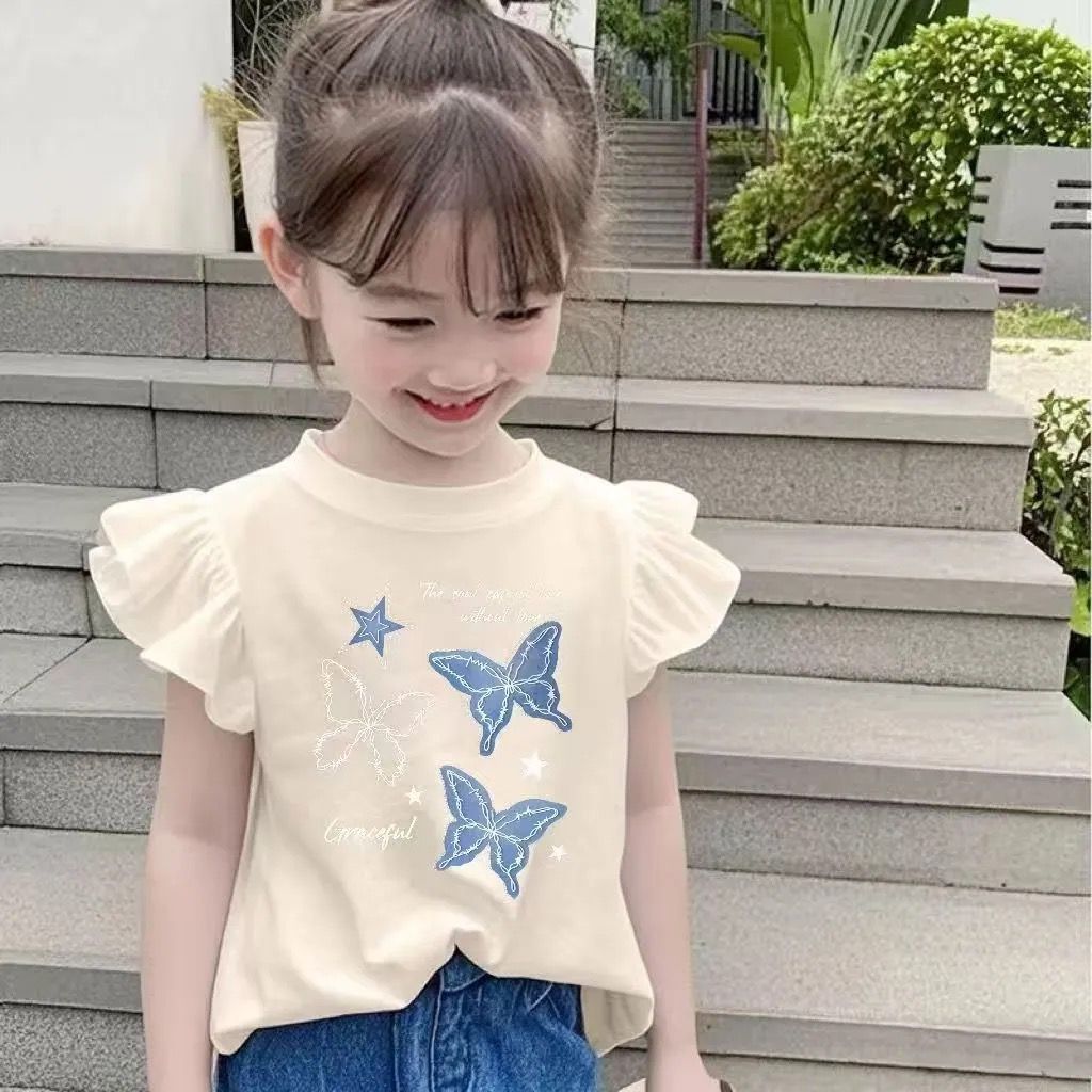Girls' short-sleeved cotton white summer top, new style for girls aged 6 to 12, with flutter sleeves.