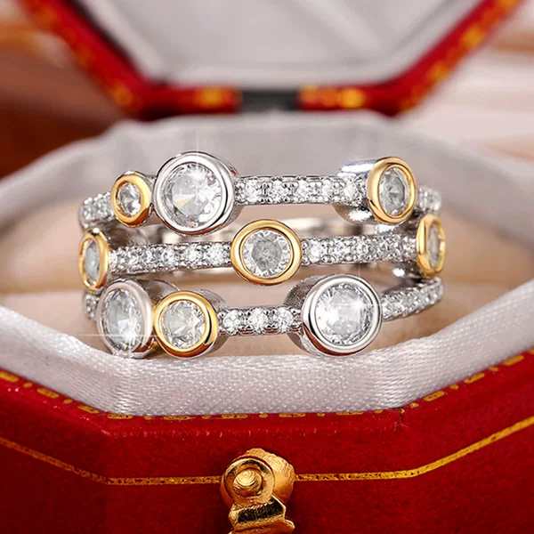 Cao Shi European and American Double Color Zircon Ring Hollow Geometric Line Dot Diamond Ring Women's Color Split Ring