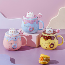 創意甜甜圈軟萌學生馬克杯個性卡通手繪兔子陶瓷杯家用牛奶杯帶蓋