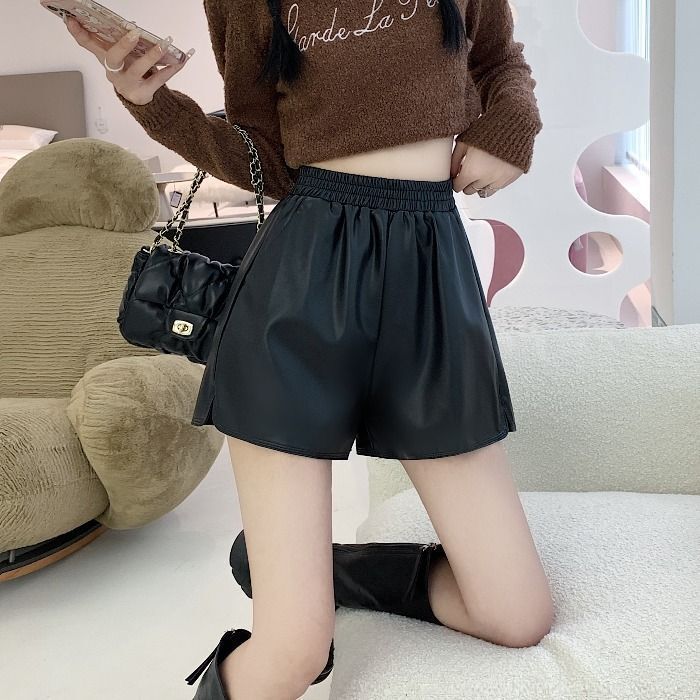 Women's Leather Shorts 2024 Autumn and Winter New Large Size Fat mm Wide-Leg Pants High-Waisted Outer Wear Pu Leather Pants A-Line Casual Boot Pants