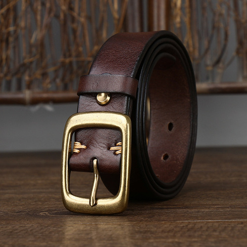3.3CM wide retro washed first-layer pure cowhide belt for men, genuine leather, Korean version, trendy copper buckle, women's casual belt