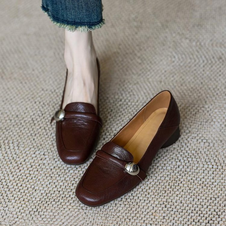 Retro Chunky-heeled Ballet Flats For Women, Versatile Soft Leather_voghion.com