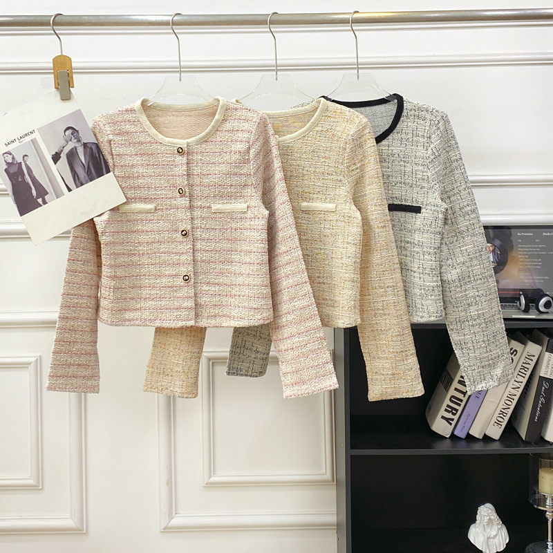 Cross-Border Design Versatile Round Neck Contrasting Tweed Long-Sleeved Short Jacket Top for Women 2025 Autumn and Winter