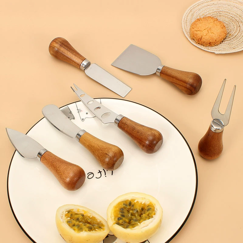 Вертикальный нож для сыра из нержавеющей стали акации с деревянной ручкой Набор из четырех деревянных ручек Нож для сыра и пиццы Нож для сыра