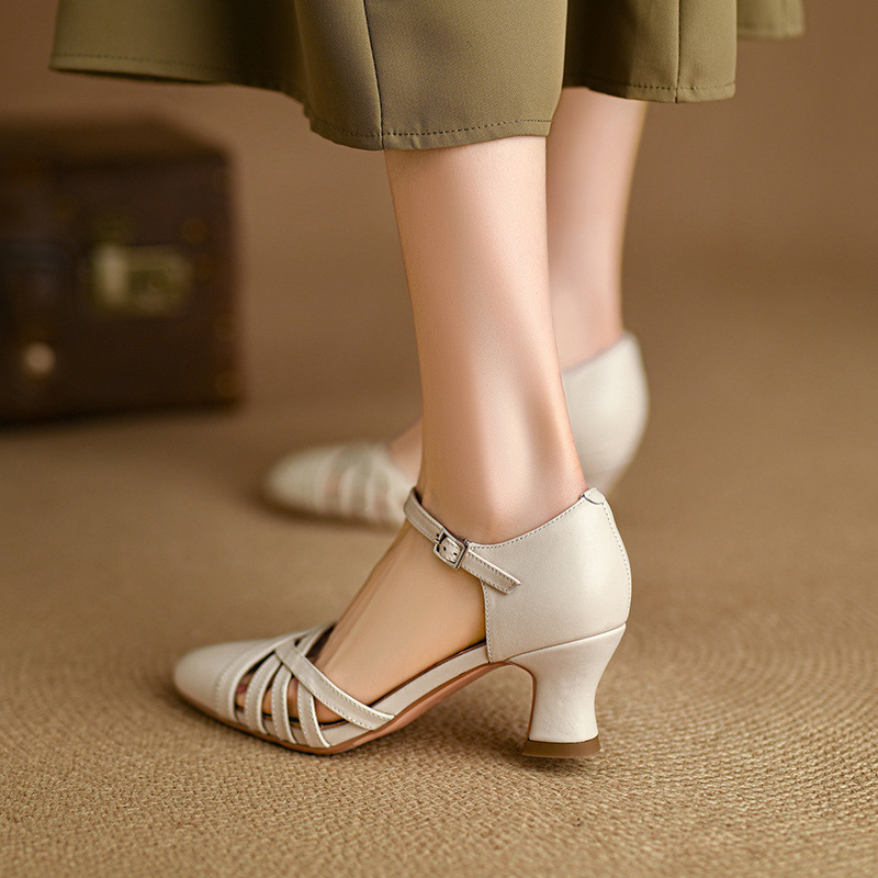 Sandal nữ quai hậu mũi nhọn retro da bò gót 5 cm kiểu La Mã — Màu trắng nhạt chi tiết 10