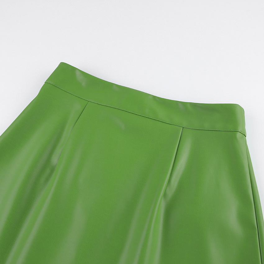 Autumn Winter Faux Leather Matte Green Leather Skirt Irregular Skirt Niche High Waist Skirt A  Line Skirt for Women in Skirts