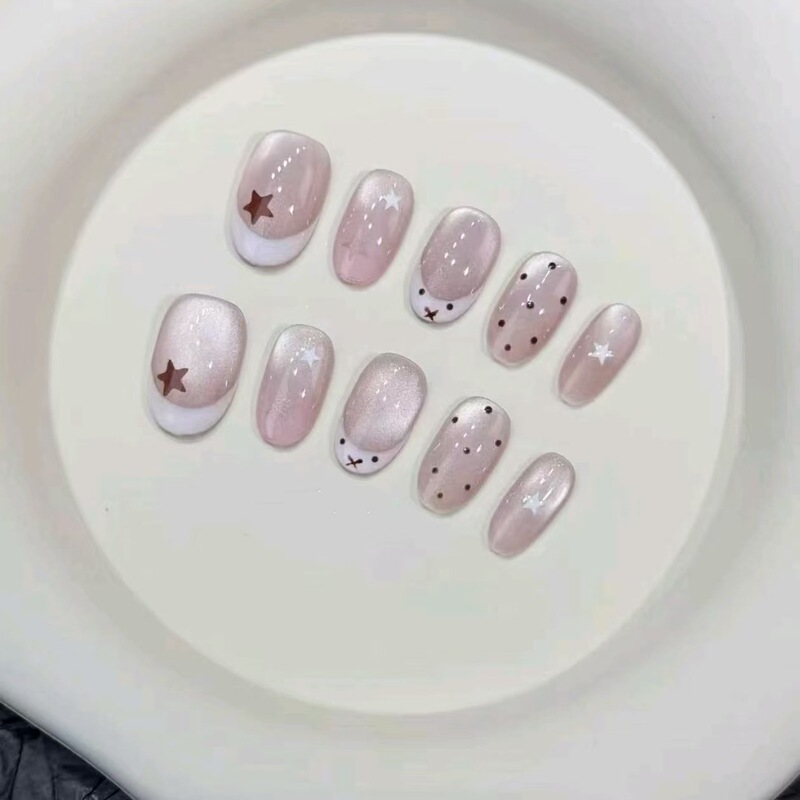 Short oval press-on nails with sweet polka dots, French style, stars, cute new design, beautiful fake nail patches, direct wholesale from cross-border factory Short oval press-on nails with sweet polka dots, French style, stars, cute new design, beautiful fake nail patches, direct wholesale from cross-border factory