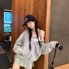 韩系慵懒松弛感v领连帽卫衣女春秋薄款宽松oversize简约长袖上衣