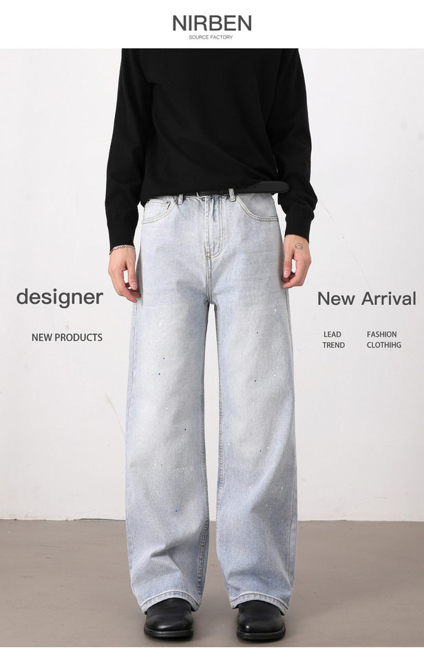 Quần jeans nam ống rộng dáng suông giặt mài họa tiết vẩy mực — Màu xanh dương chi tiết 3