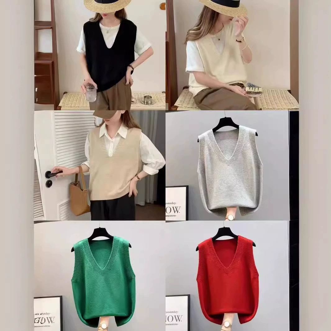 Ранняя осенняя одежда свободная шерстяная вязаная без рукавов жилет с V-образным вырезом