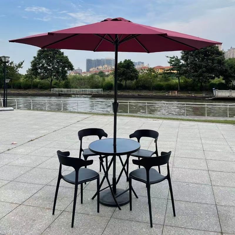의자 4개 + 80CM 접이식 유리 원형 테이블 + 빨간색 중간 기둥 우산