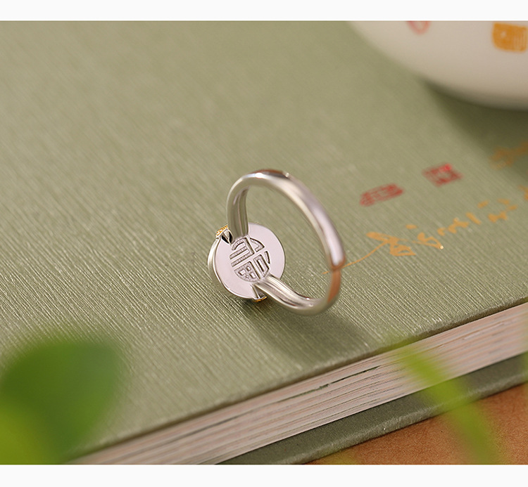 Nhẫn nữ bạc S925 mạ vàng đỏ hình tròn may mắn phong cách Trung Quốc cổ điển — Mở một size chi tiết 3
