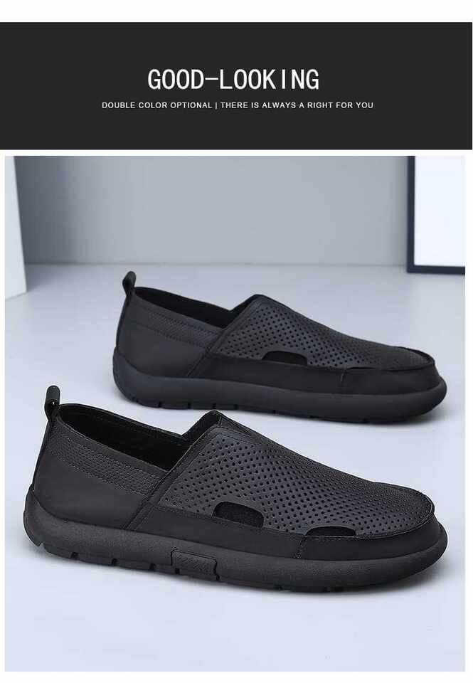 Dép sandal nam da bò đế bằng mũi tròn kiểu lười thoáng khí, đế cao 1 cm — Trắng CB9926-2, Đen CB9926-2 chi tiết 15