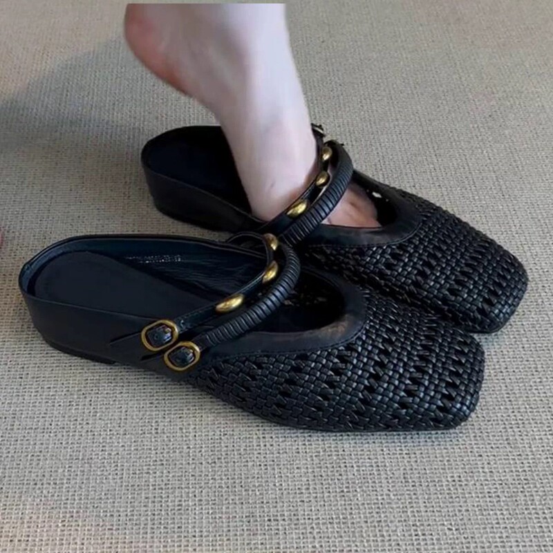 In-Stock Items~ French Retro Style Women's Mules with 5cm Hidden Heel, Closed-Toe, Elegant Woven Hollow-Out Design for Outdoor Wear