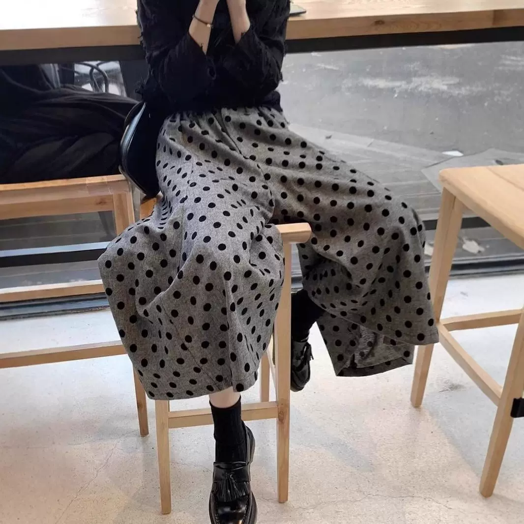 高级复古植绒波点裤子七分阔腿裤女2025秋冬季裙裤高腰宽松休闲裤