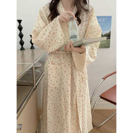 韩国ins新款格子碎花睡袍女秋可爱浴袍长款和服ins睡衣家