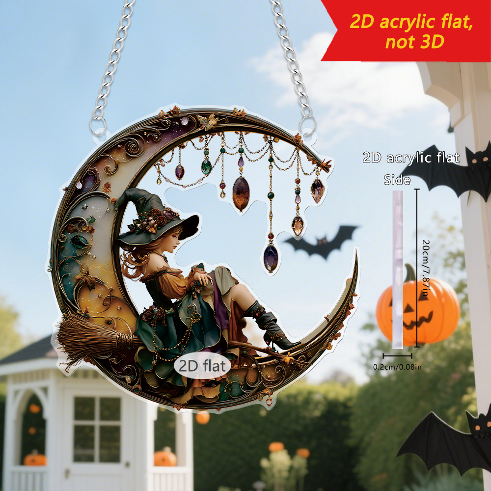 Nuevo cross-border Halloween escobera montando bruja acrílico 2D ventanas y puertas colgantes de jardín accesorios de decoración
