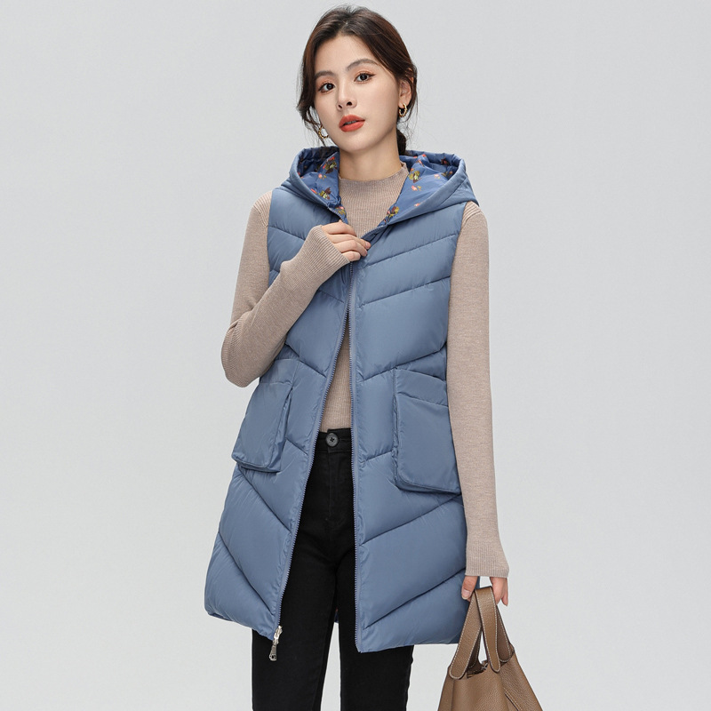2026 Winter Season New Style Women's Korean-Style Mid-Length Reversible Vest Versatile Slim-Fit Hooded down Cotton Jacket