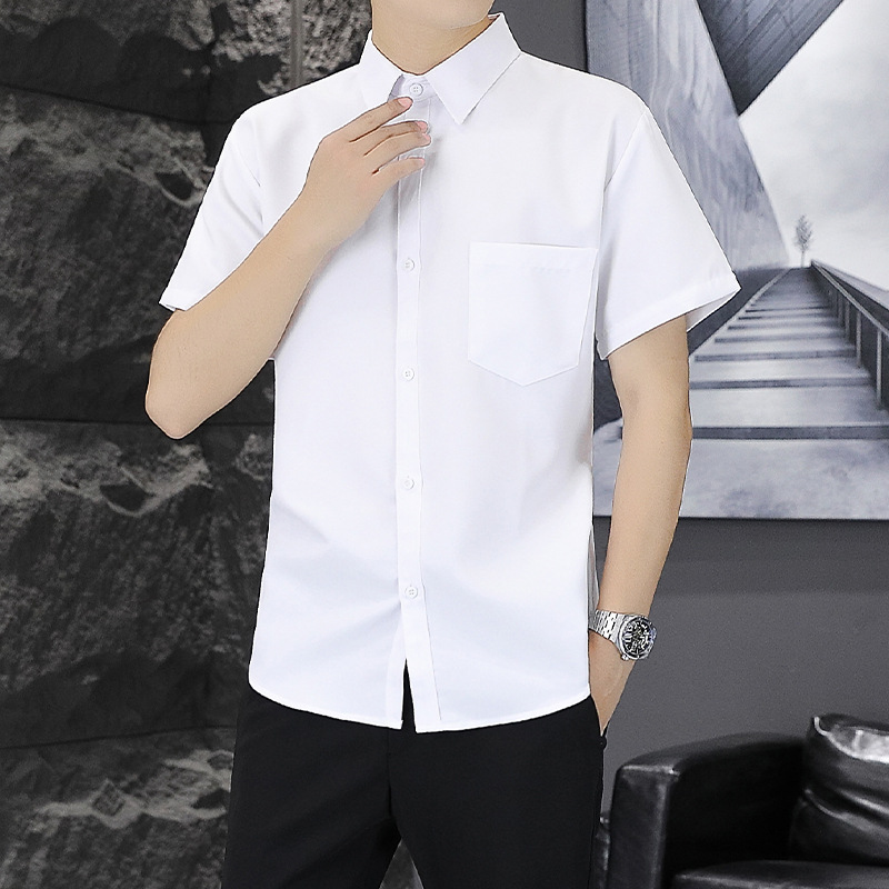 2025 Spring New Men's Half-Sleeved White Shirt Work Clothes No-Iron Anti-Wrinkle with Flap Pocket Pantss Pure Color Short-Sleeved Shirt for Men