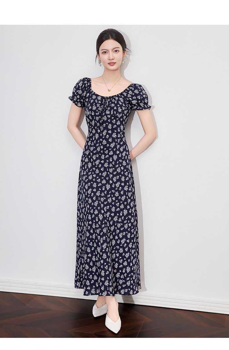 Váy liền maxi nữ phong cách Pháp cổ ren in hoa thắt eo — Màu xanh lam chi tiết 11