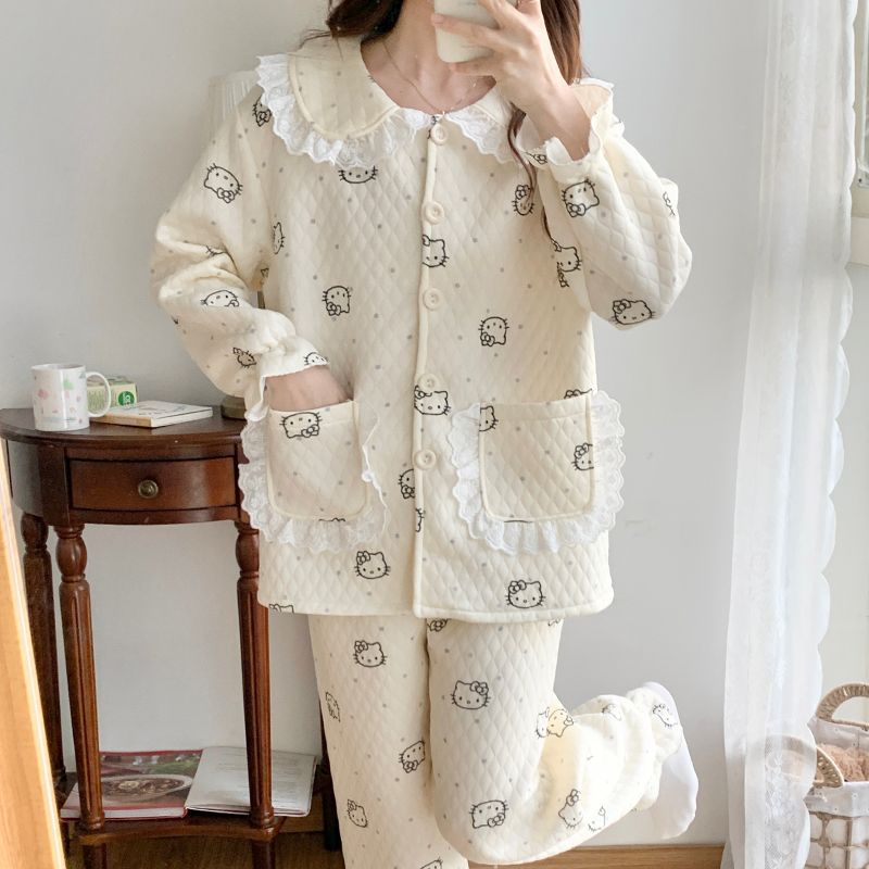 Cardigan de algodón de aire pijama de mujeres otoño invierno nuevo cuello de muñeca encaje coreano dulce engrosado intercalado conjunto de ropa para el hogar