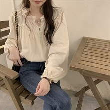 衬衣秋季宽松法式复古小众设计感上衣泡泡袖chic木耳边长袖衬衫女