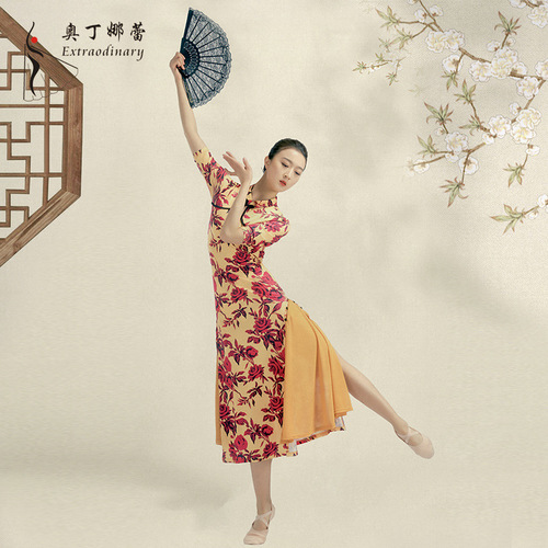 Mesh-improved qipao Hanfu classical dance practice dress for women, Eastern dance printed qipao classical dance practice dress for women skirt