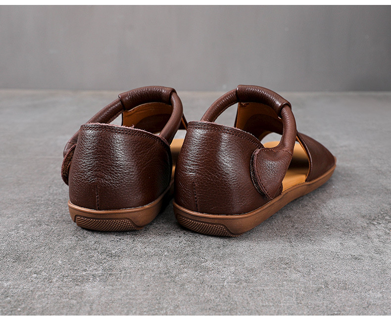 Giày lười nữ mũi vuông da bò đế bằng quai Velcro — Màu nâu chi tiết 13