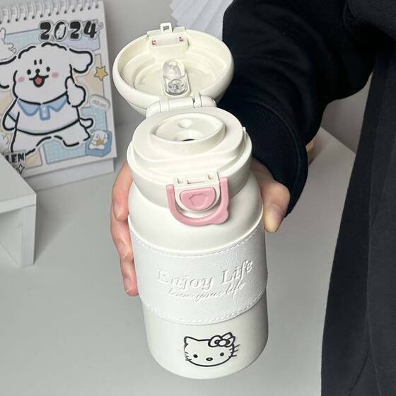 Cute kitten thermos cup high color value girl heart girl double drinking straw 316 stainless steel student children's cup