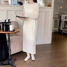 韩国chic2025春夏新款韩版甜美温柔纯色蕾丝圆领长袖过膝连衣裙女