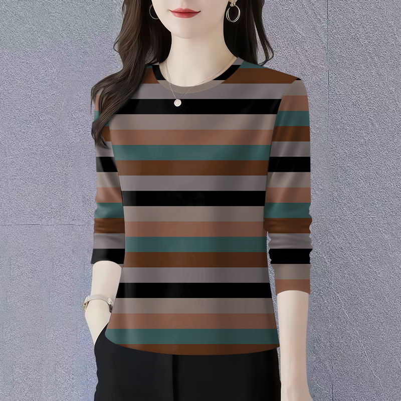 Wholesale 2026 Spring and Autumn New Style Long-Sleeve Round-Neck Striped T-Shirt for Women, One-Piece Drop Shipping