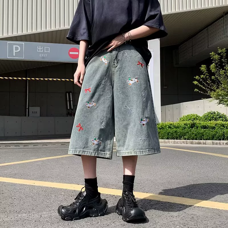 Укороченные джинсовые шорты в стиле ретро для мужчин, новый стиль, вышивка щенков, свободные, облегающие, универсальные повседневные широкие брюки.