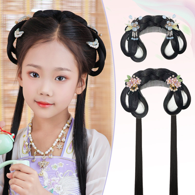 Traditional Chinese Hanfu Wig Bun for Children, Integrated Lazy Comb Wig, Girls' Stylish Hair Bun Accessory