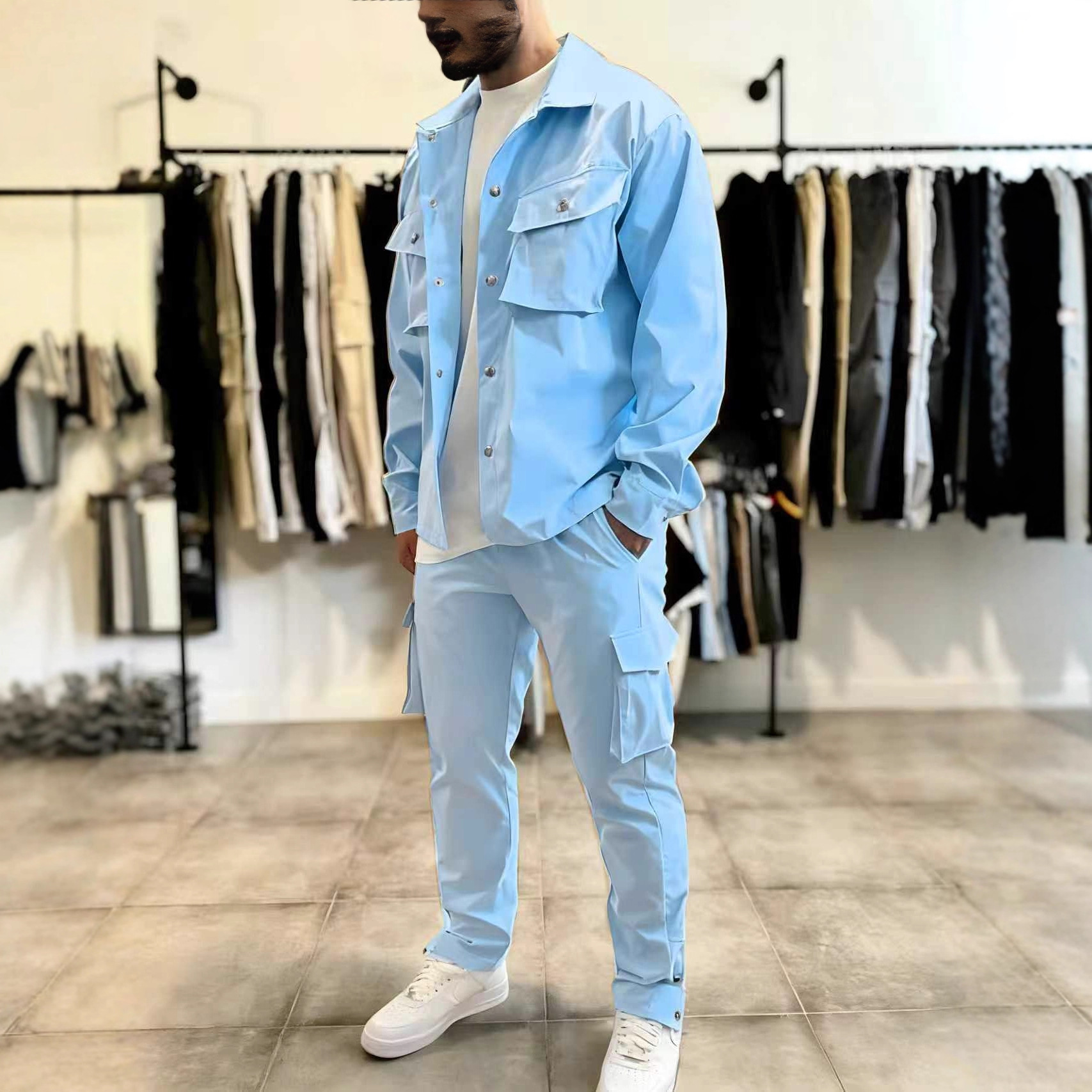 Monochrome Man- Cross-Border European American Spring/Autumn Men's Fashion Workwear Jacket Pants Set With Multi-Pocket Design And_voghion.com