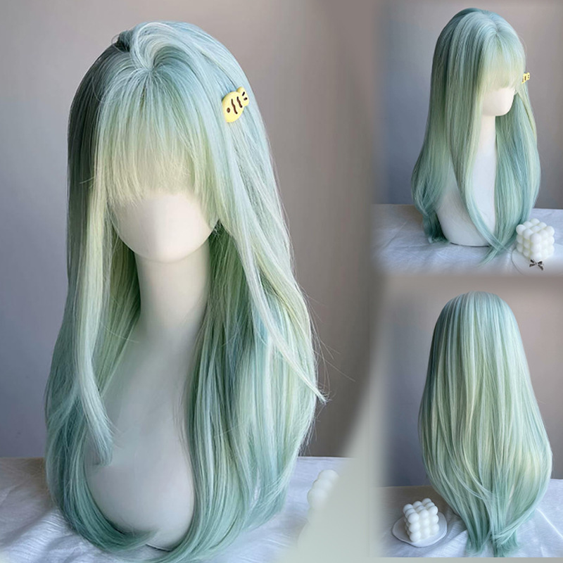 Mint Milk Green Wig Women's Full Head Cover Summer Thin JK Sweet White Long Straight Hair Natural Simulation Wig Cover