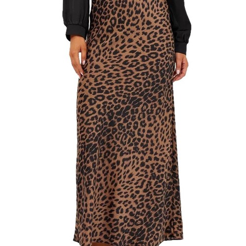 Silk half-length skirt with sexy leopard print, high-waisted, elasticated, smooth long dress