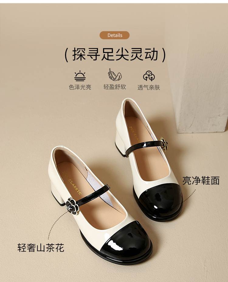 Giày Mary Jane nữ quai ngang cổ điển, gót vuông, mũi nhọn — AW107 mét Đen chi tiết 6