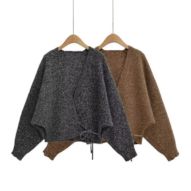 Trendy and Casual Artistic Fluffy Lazy V-Neck Knitted Cardigan Top for Women with Batwing Sleeves and Tie-Up Sweater Short Jacket for Autumn