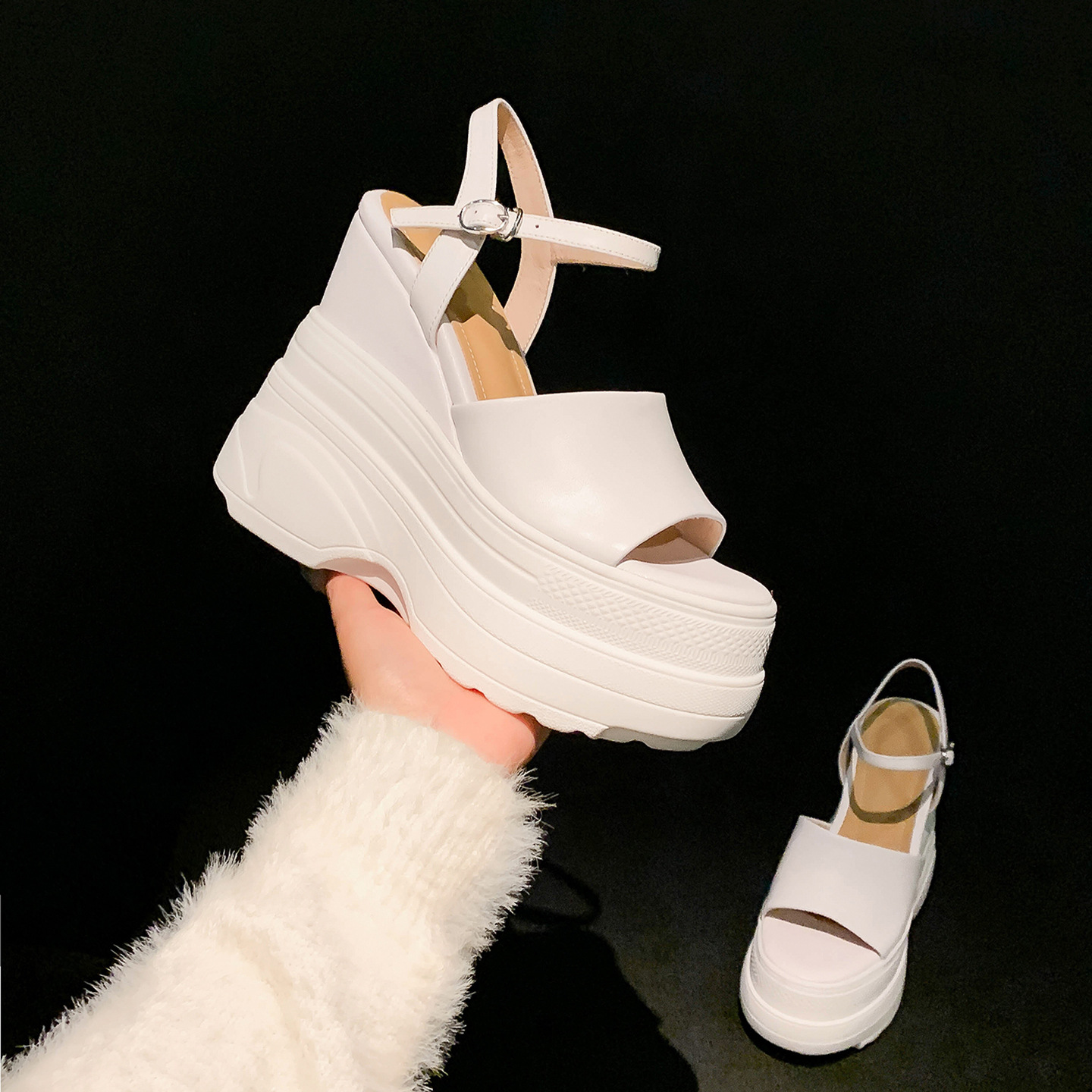 Sandal nữ đế dày da bò cao gót 14 cm phong cách La Mã — màu đen, màu trắng, màu mơ