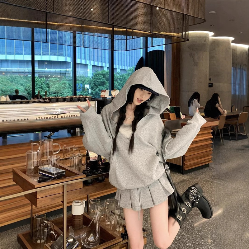韩系慵懒松弛感v领连帽卫衣女春秋薄款宽松oversize简约长袖上衣|undefined