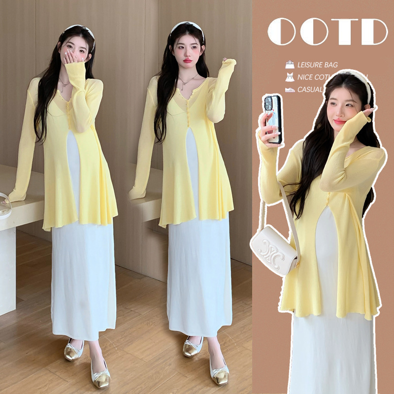 Real shot 2025 high quality ice feeling fashion skirt sunscreen two-piece pregnant women dress suit maternity clothes