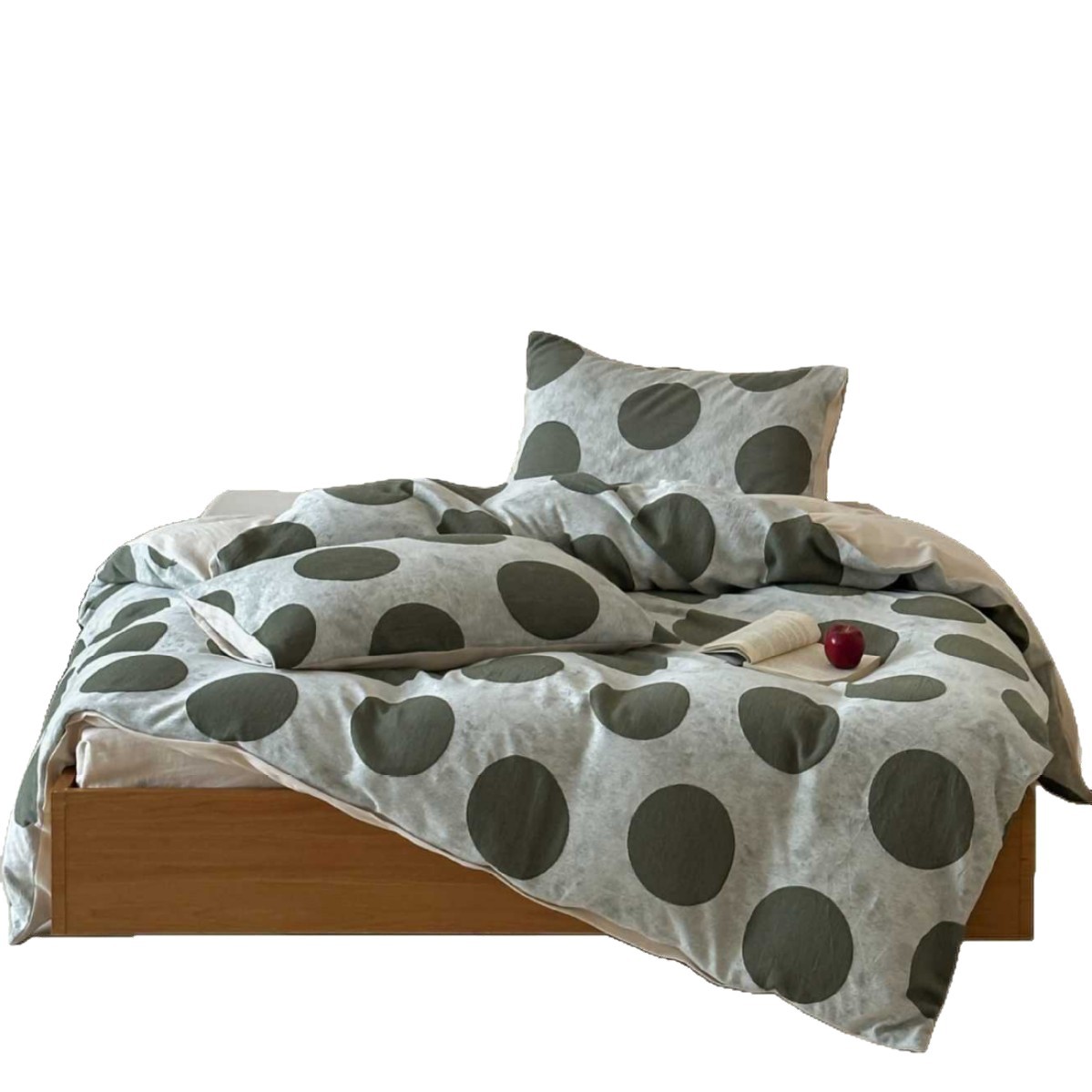 Conjunto de quatro peças minimalista nórdico retrô com estampa de bolinhas verdes em jacquard, composto por capa de edredom e lençol de cama em algodão puro, macio e agradável à pele._voghion.com