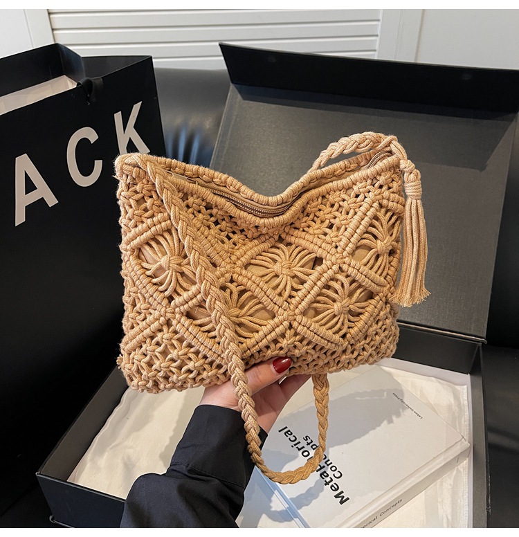 177g Weight Polyester Cotton Lining Material Weave, Hollow Fashion Element Zipper Closure Type Single Shoulder Strap Strap Type Shoulder Bag Bags Type Casual Occasion cotton rope Material Solid Color Pattern All Seasons Season Women's Gender Vacation Style Square Shape Women's Cotton Rope Solid Color Vacation Weave Hollow Square Zipper Shoulder Bag 18
