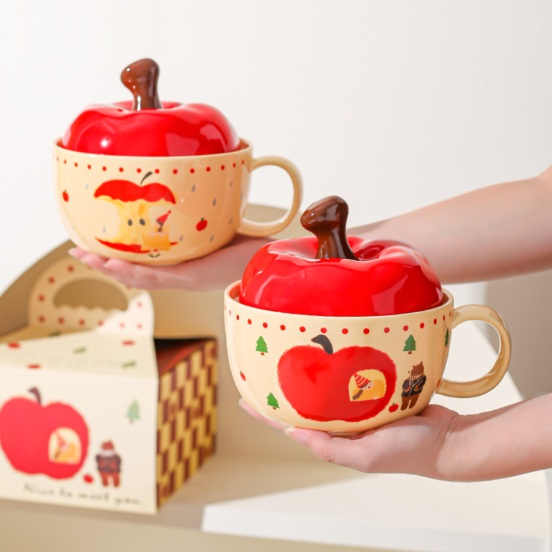 Tazón de cerámica de manzana creativo de alto valor de cara con cuchara de cubierta roja, tazón de fideos, regalo de Navidad para chicas.
