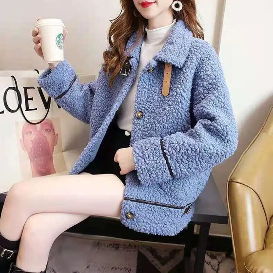 Large Size Lambskin Cardigan Jacket Women's Winter Korean Elegant New Loose Sweater Thickened Student Lapel Top