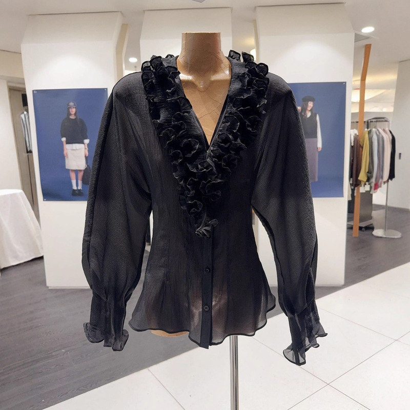 2026 Autumn Solid Color Loose-Fitting Socialite Style Sheer Bell Sleeve Round Neck Patchwork Shirt for Women European and American Cross-Border